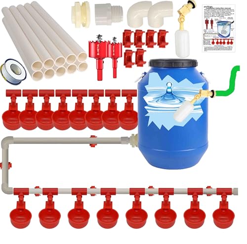 perfsign Complete Set Automatic Chicken Waterer Cups,with PVC Pipe,Chicken Water Cups,PVC Tee Fittings,Pressure Regulator for Poultry Feeding Water,Poultry Watering System,Poultry Waterer, White,red