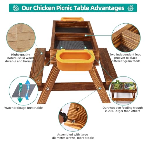Chicken Picnic Table, Chicken Feeder No Waste Handmade Carbonized Wooden, Large DIY Chicken Feeder Kit, Wild Bird, Duck & Squirrel Feeders, Mesh Bottom Keep Food Fresh and Dry Easy to Clean and Fill