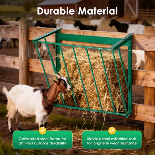 Metal Livestock Hay Feeder, Goat Hay Rack, Wall Mountable&Hangable | Galvanized Goat Hay Feeder with Adjustable Distance Hooks, for Goats, Sheep, Horses, Cattle, Deer, Indoor and Outdoor Use
