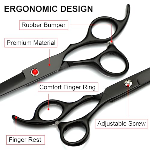 TINMARDA Dog Grooming Kit, Titanium Black Stainless Steel Dog Grooming Scissors with Curved Shears, Black Finger Rings - 4 Piece Sharp Durable Pet Shears for Dogs Cats At Home Salon-Quality Grooming - color: Black, size: 4 Piece