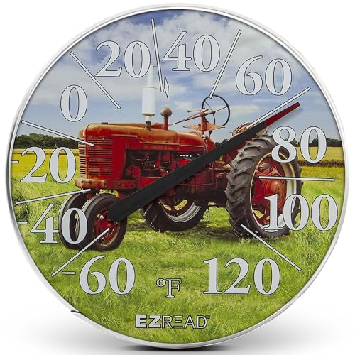 EZREAD Hanging Dial Thermometer 840-1234 Weather Thermometers for Indoor and Outdoor Use, Large 12.5 Inch Diameter, Easy to Read Numbers, Red Tractor - color: Red Tractor