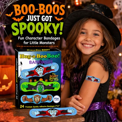 Fun Monsters Adhesive Bandages from Hug-a-Booboo! Spooky Halloween Bandages That Hug! Favorite Scary Monster Characters - Vampire, Witch, Wolfman and Mummy with Hugging Arms! Fun as Stickers 24 Ct Box - size: 24ct, style: Spooky Monsters