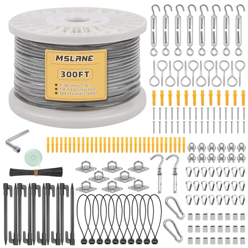 1/8" Wire Rope Kit 300FT Aircraft Cable Vinyl Coated 304 Stainless Steel Wire,7x7 Strand Cable Kit for Outdoor String Lights,Climbing Plants,Pictures,Clothes,Curtain Hanging - size: 1/8" steel cable 300FT