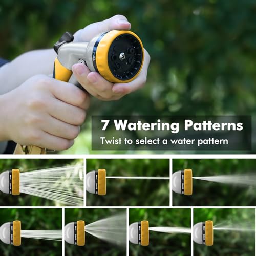 RESTMO Garden Hose Nozzle, Heavy Duty Metal Water Hose Nozzle with 7 Adjustable Spray Patterns, High Pressure Hand Sprayer with Flow Control, Best for Watering Plant & Lawn, Washing Car & Pet, Yellow - color: Yellow