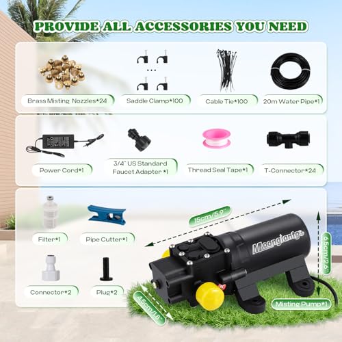 Moongiantgo Outdoor Misting Cooling System with Pump, 116PSI High Pressure | Mister with 65.5FT(20M) Water pipe+24 Misting Nozzles 0.02’’+3/4’’ Faucet Adapter, System for Outside Patio Garden Beaches