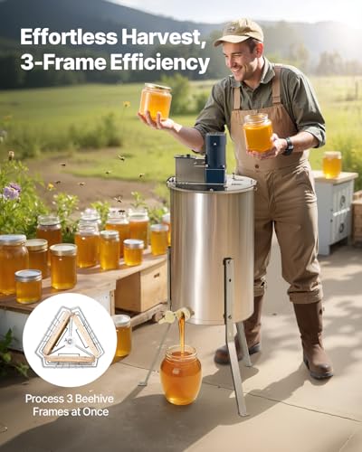 VEVOR Electric Honey Extractor, 3 Frame Honey Extractor with Transparent Lid, Stainless Steel Honeycomb Drum Spinner, Height Adjustable, Honeycomb Extraction Equipment for Beekeeping - style: 3 Frame