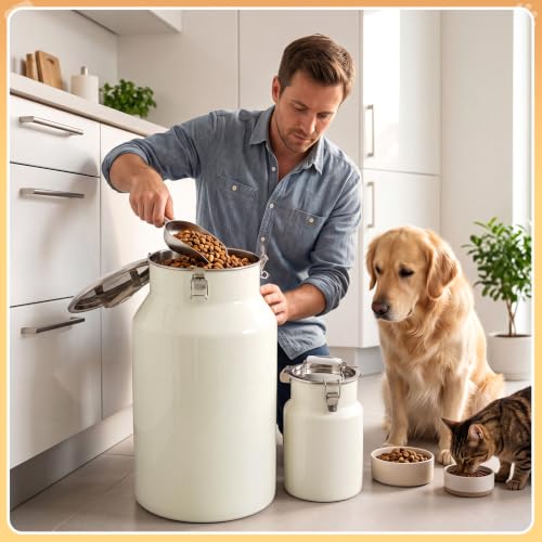 2 Pack Stainless Steel Dog Food Storage Container Set, 36 Lb&5 lb Pet Food Storage Container with 2 Scoops and Measuring Cup, Metal Airtight Bin for Dog Cat Multi Pet Households
