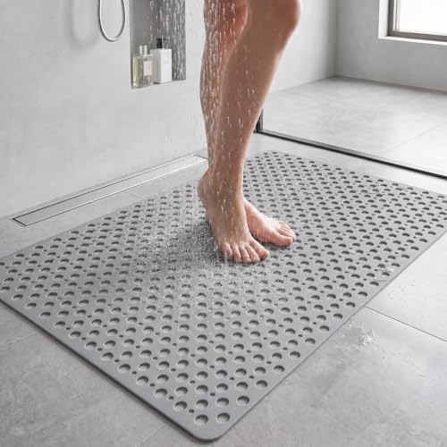 Extra Large Non Slip Shower Mat 47 x 32 in TPE,Grey | Large Square Shower Mat for Inside Shower, Quick Drain Holes, Strong Suction Cups, Textured Surface, Soft TPE