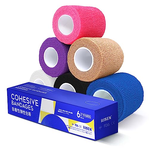 RISEN Cohesive Bandage 2” x 5 Yards, 6 Rolls, Self Adherent Wrap Medical Tape, Adhesive Flexible Breathable First Aid Gauze Ideal for Stretch Athletic - color: Multicolor