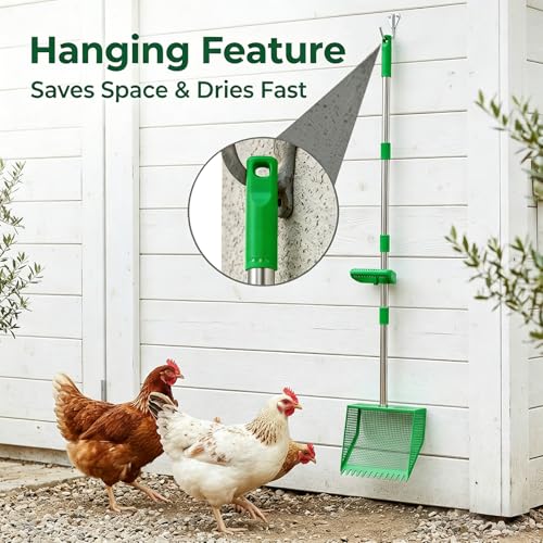 Large Chicken Poop Scooper: 2-in-1 Metal Pooper Scooper & Rake Adjustable 62" Long Handle Stainless Steel Sand Sifting Litter Shovel Chicken Coop Scoop Cleaning Tool for Goat Yard Bright Green - color: Bright Green
