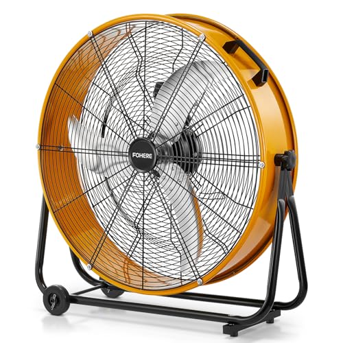 FOHERE 24 Inch High Velocity Industrial Drum Fan, Up to 8,900 CFM | 3-speed control, 360-degree tilt, metal frame, wheels, for garage, warehouse, workshop, gym, barn