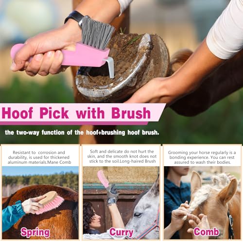 Abbylike 12 Pieces Horse Grooming Kit Racing Festival Tack Room Supplies Horse Brush Sets Equine Care Cleaning Kit Shedding Grooming Massaging Tools(Pink and Grey) - color: Gray