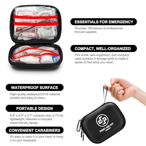 Mini First Aid Kit - 150 Piece Small Waterproof Hard Shell Medical Kit | Compact First Aid Kit with Comprehensive Supplies for Home, Car, Truck, Travel, Camping, Hiking, Sports, Office & Outdoor - color: Black