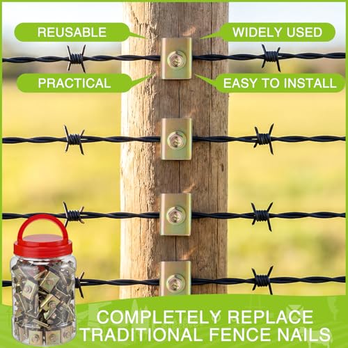170 Pcs 1.5 Inch Fence Staples for Wire Reusable Barbed Fence Fasteners Nails with Storage Bucket for Mesh and Woven Fencing, Metal Grid, Softwood, Quick Installation with Electric Drill - size: 1.5 Inch