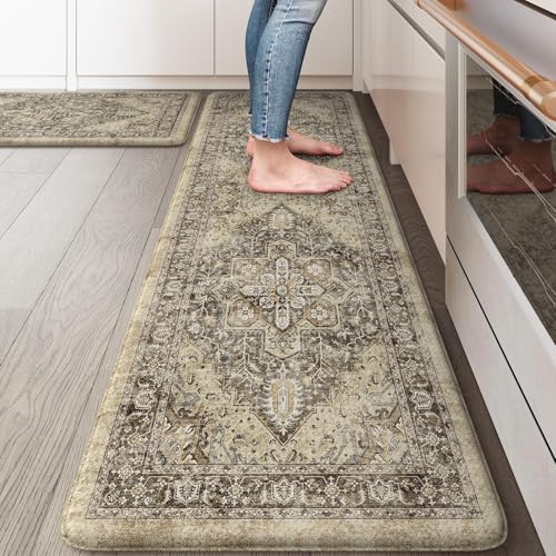 KIMODE Anti Fatigue Kitchen Mats for Floor, Boho Kitchen Rugs Sets of 2 | Cushioned Kitchen Floor Mats, Comfort Standing Mat for Sink Laundry Office Desk Brown 17"x59"+17"x29" - color: Boho Brown/Multi, size: 17.3" x 59"+17.3" x 29"--0.47 inches