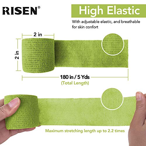 RISEN Cohesive Bandage 2” x 5 Yards, 6 Rolls, Self Adherent Wrap Medical Tape, Adhesive Flexible Breathable First Aid Gauze Ideal for Stretch Athletic - color: Grass Green