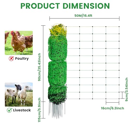 Electric Fence Netting, 35.43" H ×164 L' Portable Livestock Fencing for Sheep, Cattle, Net Fencing Kit with 14 Posts Double Spiked, Movable Poultry Netting for Backyards, Homesteaders, Farms Ranches - size: 164 * 35.43