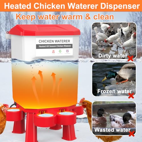 Hanging Heated Chicken Waterer, 2 Gallon Plastic Chicken Water Heater Heated Poultry Drinker, Detachable Legs, Winter and Summer Dual-use, Poultry Water Heater for Chicken Goose Duck - Red