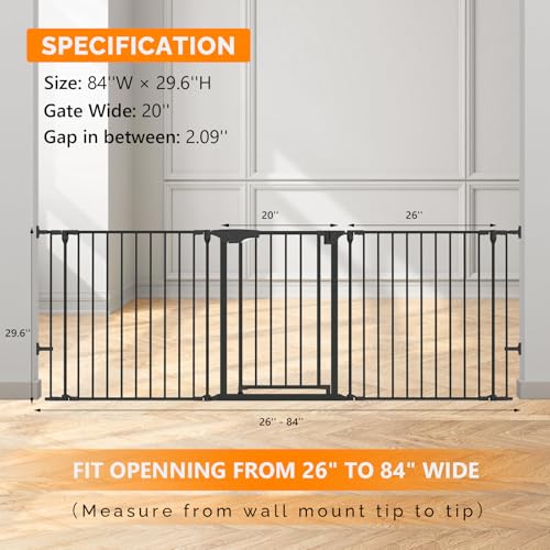 Bonnlo Baby Safety Gate, 82-Inch Configurable Walk-Through Fence for Toddler/Pet/Dog/Cat/Puppy, Adjustable Metal Barrier for Fireplace/Stairs/Doorways - color: Black, style: 74 InchL x 29 InchH(3-Panel)