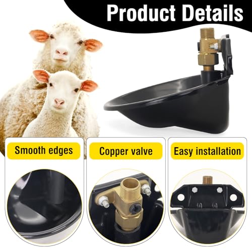 2PCS Automatic Goat Waterer Livestock Water Bowl with Copper Valve and Drain Hole, Automatic Drinking Trough for Goat Sheep Calf Pig Dog (Metal - Black)