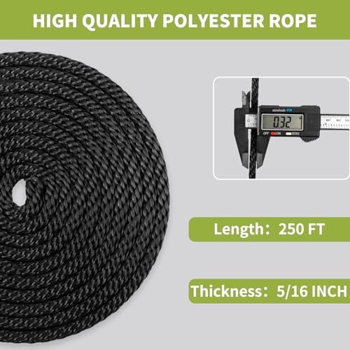 5/16 Inch × 250 FT Black Polyester Solid Braid Rope – UV & Abrasion Resistant, Low Stretch, Multipurpose for Flagpole Halyard, Clothesline, Camping, and Utility Tasks - size: 5/16 In×250 FT