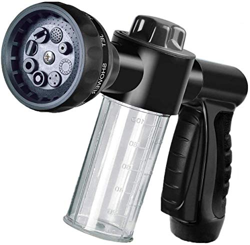 Garden Hose Nozzle Adjustable Hose Spray Nozzle High Pressure 8 Watering Pattern with 3.5Oz Soap Sprayer Power Garden Water Hose Foam Nozzle Sprayer for Car Washing Pet Shower Black