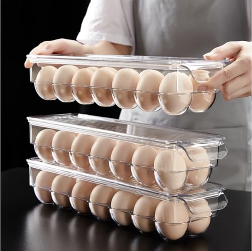 Egg Holder for Fridge with Lid, Egg Containerand for Refrigerator with Front Handle, BPA-Free Clear Plastic 14 Eggs Stackable Tray Storage for Refrigerator. (28 Eggs, Pack of 2)