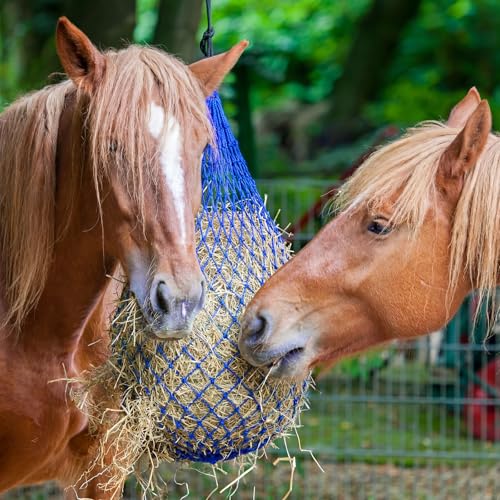 Windyun 4 Pcs Deluxe Ultra Slow Hay Feeder Nets, 42" Length with 1" Feeding Holes, Horse Supplies Heavy-Duty Top Loading Black Horse Hay Bag for Goats Sheep Livestock Barn Farm Feeding Tack(Blue) - color: Blue