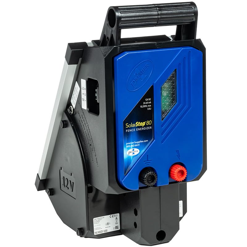 Premier 1 SolarStop™ 80 Fence Energizer – 0.8J, 10W Solar Panel | Solar powered, 0.8J output, 10W panel. Portable all-in-one. For sheep, goats, poultry, swine, cattle & horses.