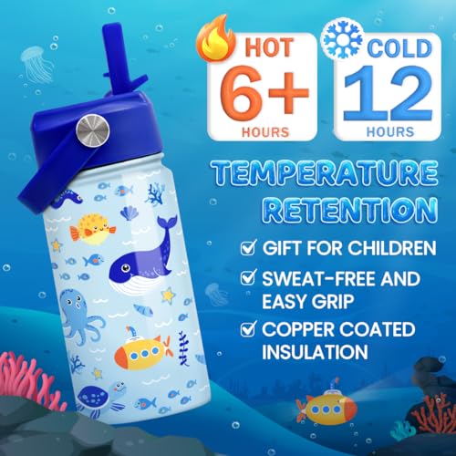 SANDJEST Kids Water Bottle with Straw Lid - 12 Oz Insulated Stainless Steel Ocean Water Bottles for Kid Boys - Travel Cup for School Sports - color: Ocean Animal 1
