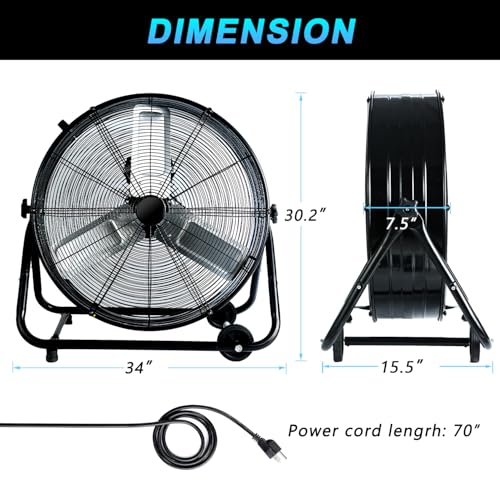 WARMLREC 30 Inch Industrial Drum Fan, 13000CFM Heavy Duty Garage Fan with Wheels, 3 Speeds Metal High Velocity Fan for Warehouse, Workshop, Factory, Commercial, Residential & Greenhouse, Black