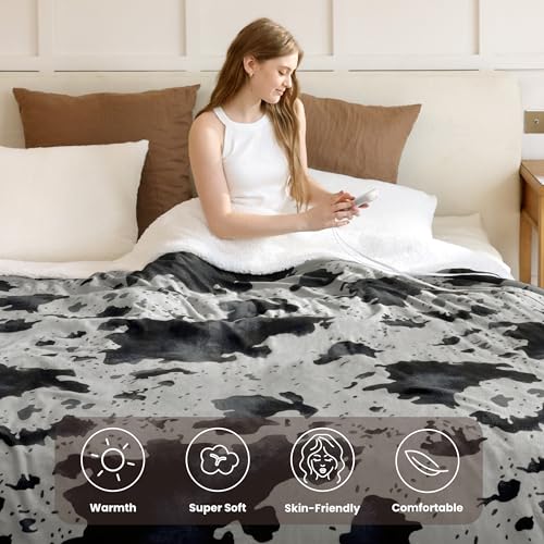 Heated Blanket King Blanket - Fast Heating Electric Blanket, Soft Heated Throw with 4 Time Settings,10 Heating Settings, Warm Gifts for Women Mom Grandma(90" x 100" Cow Print Grey) - color: 02 - Black Ombre-grey, size: King 90" x 100"