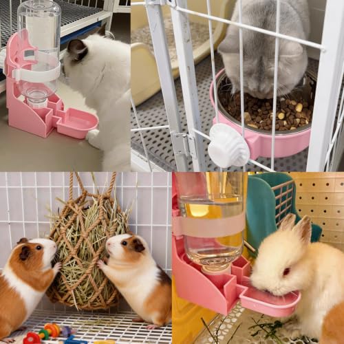 Rabbit Water Bottle Ferret Food Bowl Bunny Water Dispenser Stainless Steel Food Dish Hanging Drinking Fountain Drinker Feeder Crate Bowl for Guinea Pig Chinchilla Hedgehog - color: Pink