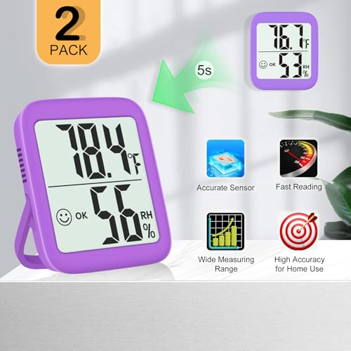 Antonki 2 Pack Room Thermometer Indoor Hygrometer | Monitor Temperature & Humidity, Accurate, Fast Read, Easy To View, Magnetic/Kickstand/Hanging, ℉/℃, w/ Battery, Compact - color: 2 Pcs* Lavender Purple