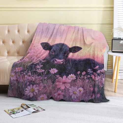 Black Calf Fleece Blanket,40x50in,Peaceful Sunset Scene Wildflower Meadow Throw Blankets,Soft Cozy Lightweight, Ideal for Bed Living Room Home Country Farmhouse Decor,Gifts - color: Calf, size: 40x50 Inch