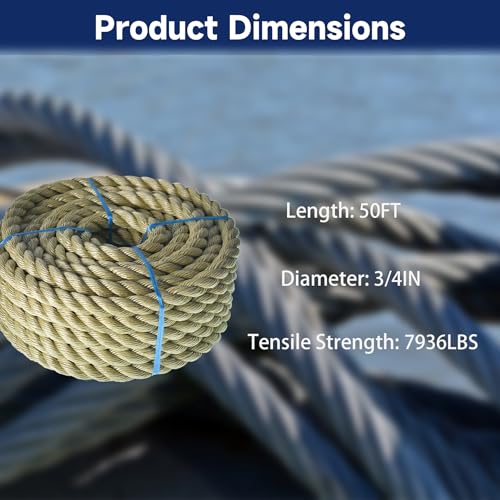 3/4 inch x 50 feet Twisted ProManila - UnManila Rop, 3 Strand Synthetic Polypropylene Rope Cordage for Weather-Resistant Decor, Crafts, Sporting, and Landscaping - size: 3/4in*50ft