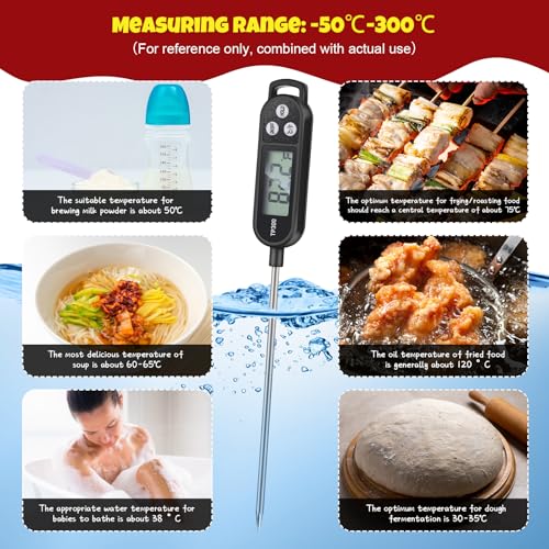 6 Pcs Instant Read Meat Thermometer Long Probe,Black | Probe Waterproof Digital Thermometer, For Cooking BBQ Water Milk Liquids, Quick Accurate Food Temperature - color: Black