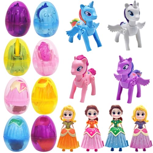 FUNKY WIZARD 8 Pack Easter Jumbo Princess Deformation Prefilled Easter Eggs with Toys, Easter Party Favors Gift for Girls for Kids, Easter Basket Stuffers Fillers, Classroom Prize (Pricess+ Horse) - style: pricess+horse