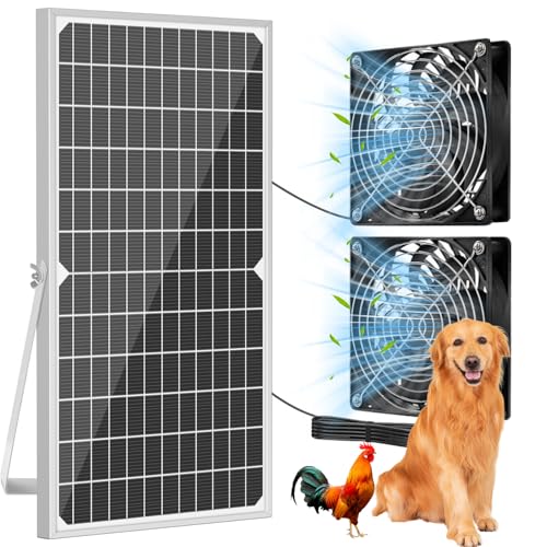 Solar Powered Fan Kit 17.72 Inch IPX7 Weatherproof, 22W Solar Panel with 2 Waterproof Fans, Intake or Exhaust Air Fan for Outside Backyard Chicken Coops, Greenhouses, Doghouse - size: 22