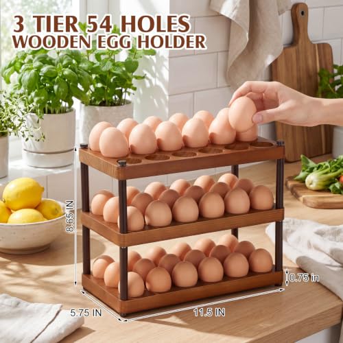 3 Tier Wooden Egg Holder Countertop Egg Holder for 54 Fresh Eggs Countertop Eggs Storage Tray Organizer Stackable Deviled Container Rack for Home Farmhouse Kitchen Decor