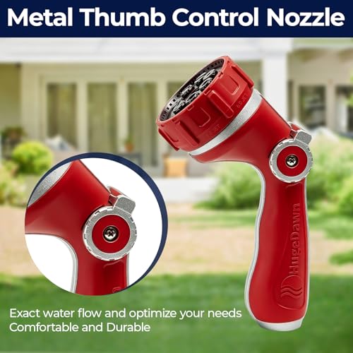 HugeDawn Garden Hose Nozzle with 7 Spray Patterns, Heavy Duty Metal Sprayer 30% Greater Water Flow for Watering, Car Wash, Outdoor Cleaning (Red) - color: Red