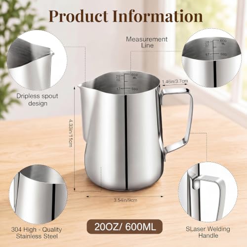 Honeydak 9 Pcs Milk Frothing Pitcher 304 Stainless Steel Steaming Pitchers for Coffee Bar Cappuccino Barista Tools Milk Jug Steamer Frother Cup (20 oz,Silver) - color: Silver, size: 20 oz