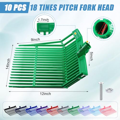 Lasnten 10 Pcs Manure Fork Replacement Head Bulk with 18 Tines | Pitch Fork Head with Screws and Nuts, Durable Stable ABS Plastic, Gardening Horse Stall Picking up Manure Grass Hay