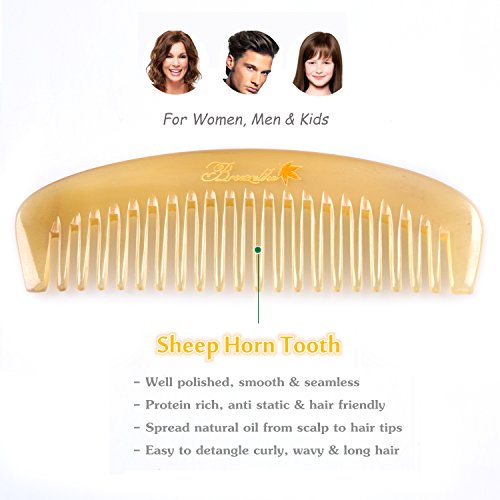 Wide Tooth Hair Comb for Women, Detangling Sheep Horn Comb | Anti Static, Natural Sheep Horn, Seamless, Easy to Detangle, Scalp Massage, Grooming, Wet, Dry, Curl, Beard, Hair Brush