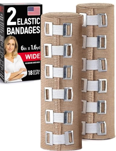 Premium Elastic Bandage Wrap - 2pk - 6 in x 15ft - Wide + 18 Extra Clips | Strong Compression Bandage Wrap for Leg, Arm, Waist, Thigh, Back, Lymphedema, Body Wrap - For First Aid Kit and After Surgery - size: 2 Pack (6in)
