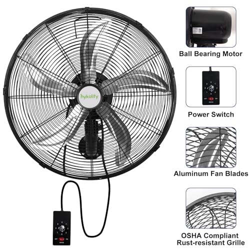 hykolity 20" Oscillating Wall Mount Fan, 5900 CFM High Velocity Wall Mounted Fan with 3 Speeds, Heavy Duty Industrial Wall Fan with Wired Remote for Garage, Commercial and Warehouse - size: 20 in.