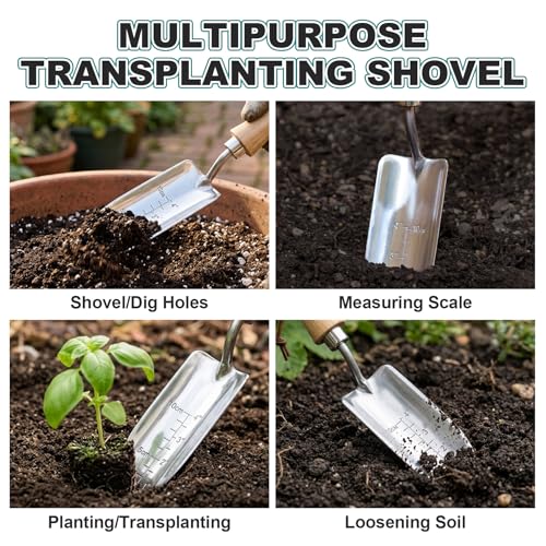 Berry&Bird Measuring Transplanting Trowel, 13.78" Stainless Steel Garden Shovel with Wood Handle - color: Measuring Transplanting Trowel, size: Small