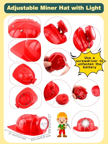 2 Pack Kids Construction Hat Miner Costume Helmet with Light for Boys Girls Dress Up Halloween Party Supplies - color: Red