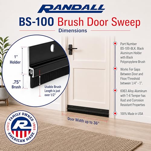 Randall Manufacturing Co., Inc | Door Sweeps – Aluminum & Brush | Brush Sweeps for Gaps Up to 1” | Black Holder | 3 Feet | Fill Gaps & Keep Unwanted Debris Out