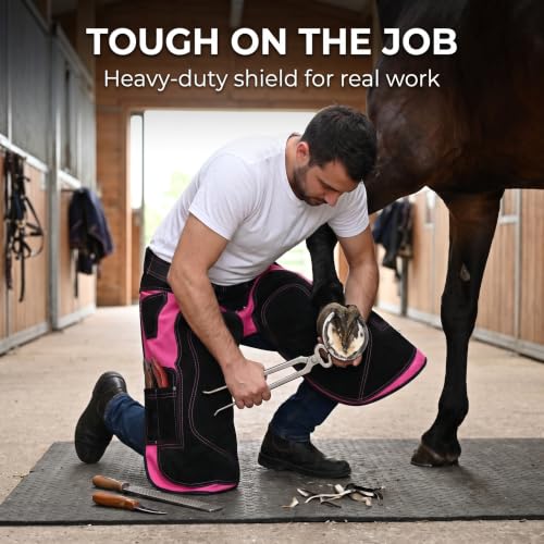 – Farrier Apron Cowhide Leather Hoof Trimming Chaps | with Premium Air Mesh Lining, Foam Knee Pads, 4 Knife Pockets & Nail Magnets | Adjustable Waist for Men & Women (Apron Only) - color: Pink - Black, size: 65cm - 25inch